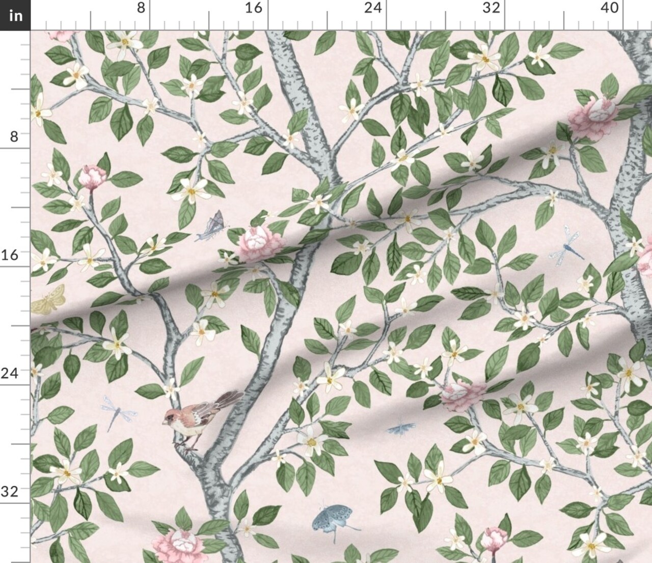 Peony Chinoiserie Pale Pink Grandmillennial Large Scale Garden Nature Custom Printed Fabric by Spoonflower Various Fabrics by the Yard or Fat Quarter